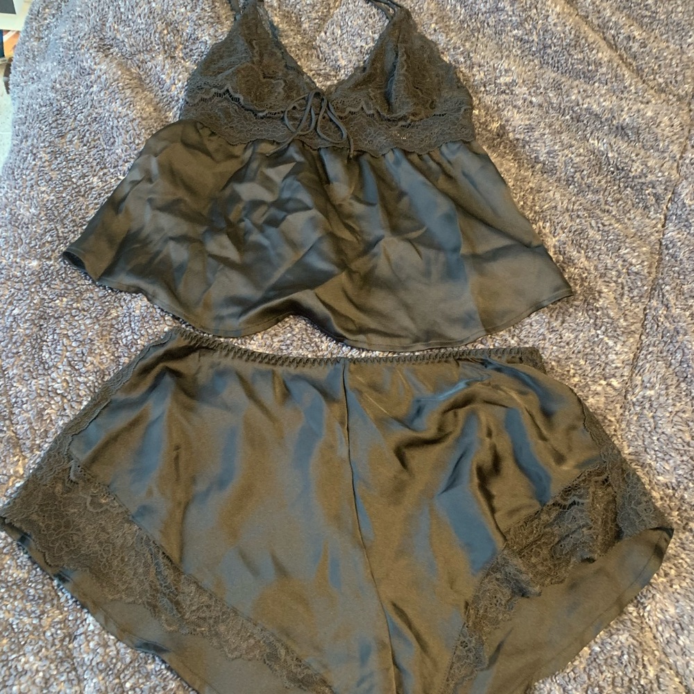 Victoria's Secret Black Satin Lace Pajama Set